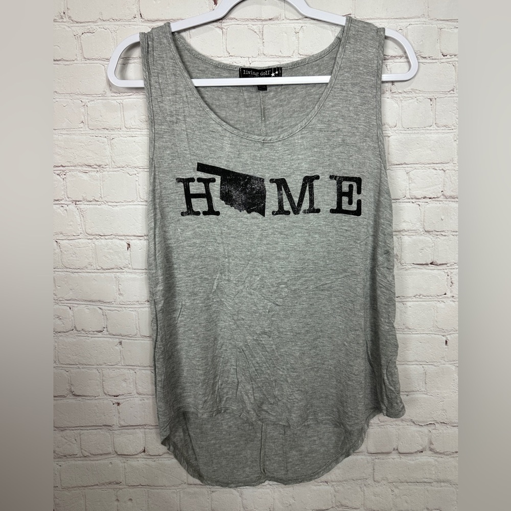 Living Doll Los Angeles gray sleeveless Oklahoma "home" rayon‎ tunic top shirt M